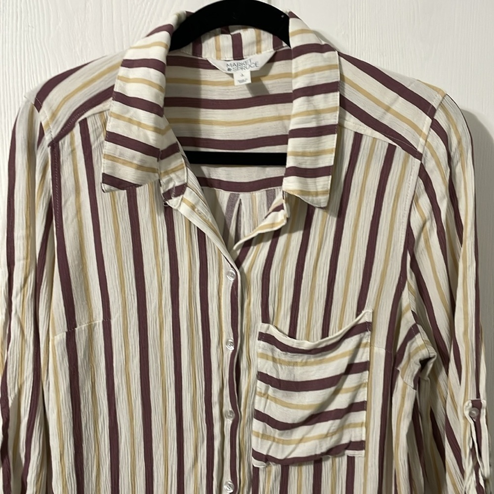 💰Market & Spruce Lightweight Maroon/White/Gold Striped Button Down Shirt Large - Picture 3 of 9